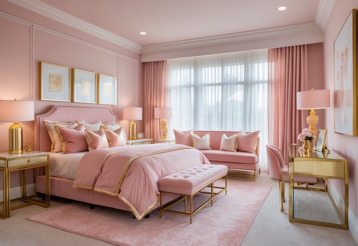 A bedroom with blush pink walls and gold accents including furniture, lamps, and decor, featuring a made bed and natural light coming through windows.
