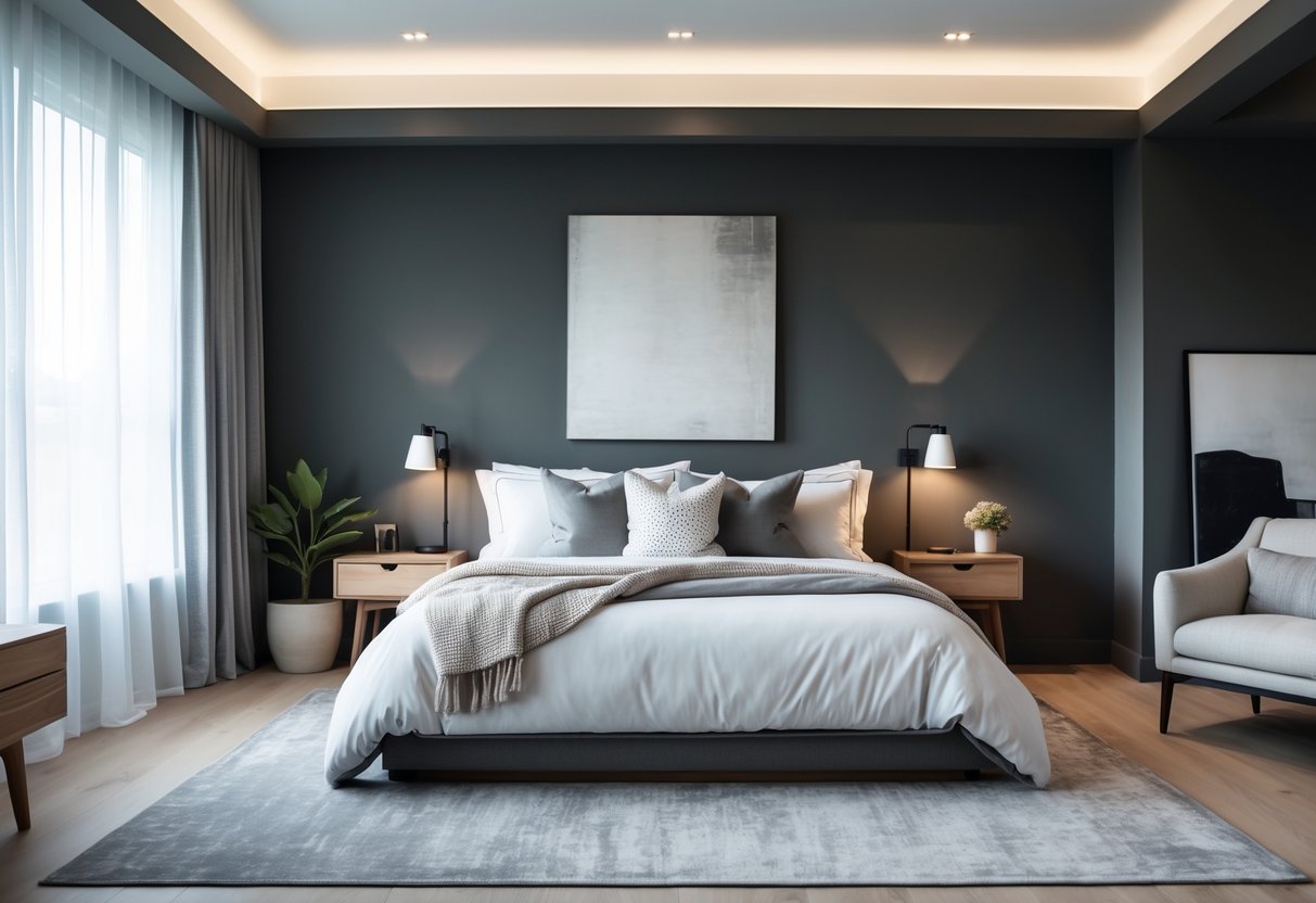 A bedroom with charcoal gray walls, a bed with white and gray bedding, wooden nightstands, soft natural light, and simple decorative elements.