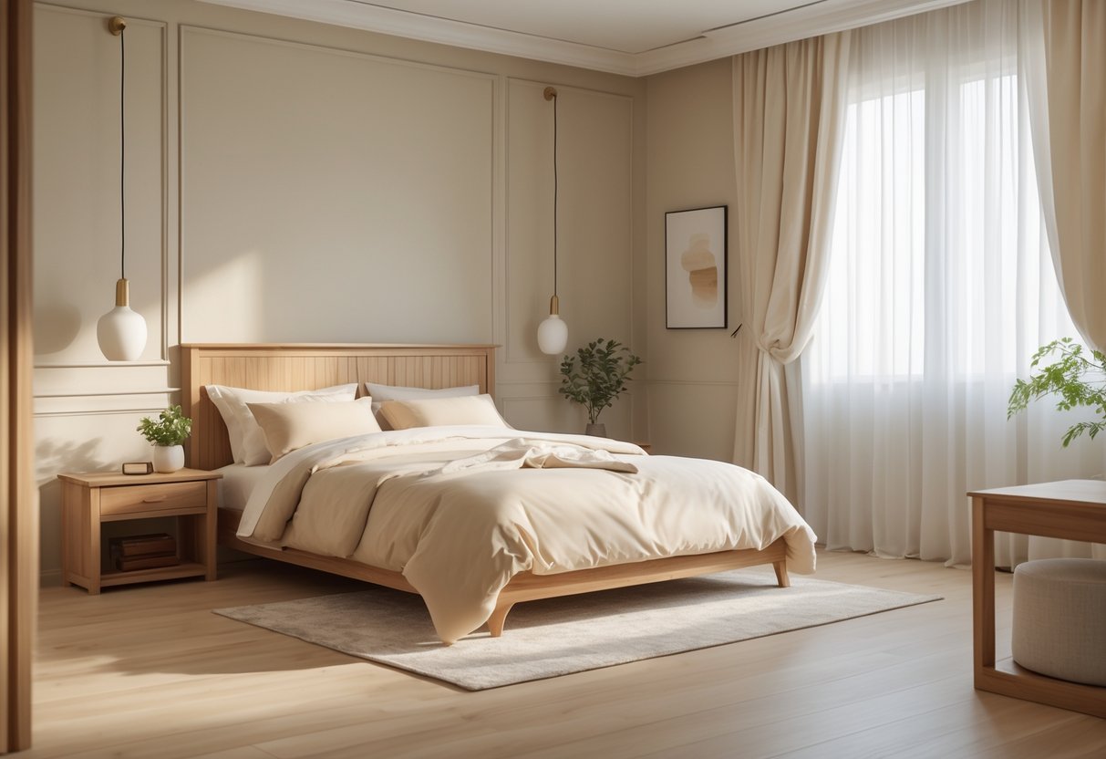 A bedroom with beige walls, a bed with cream bedding, wooden furniture, and natural light coming through sheer curtains.