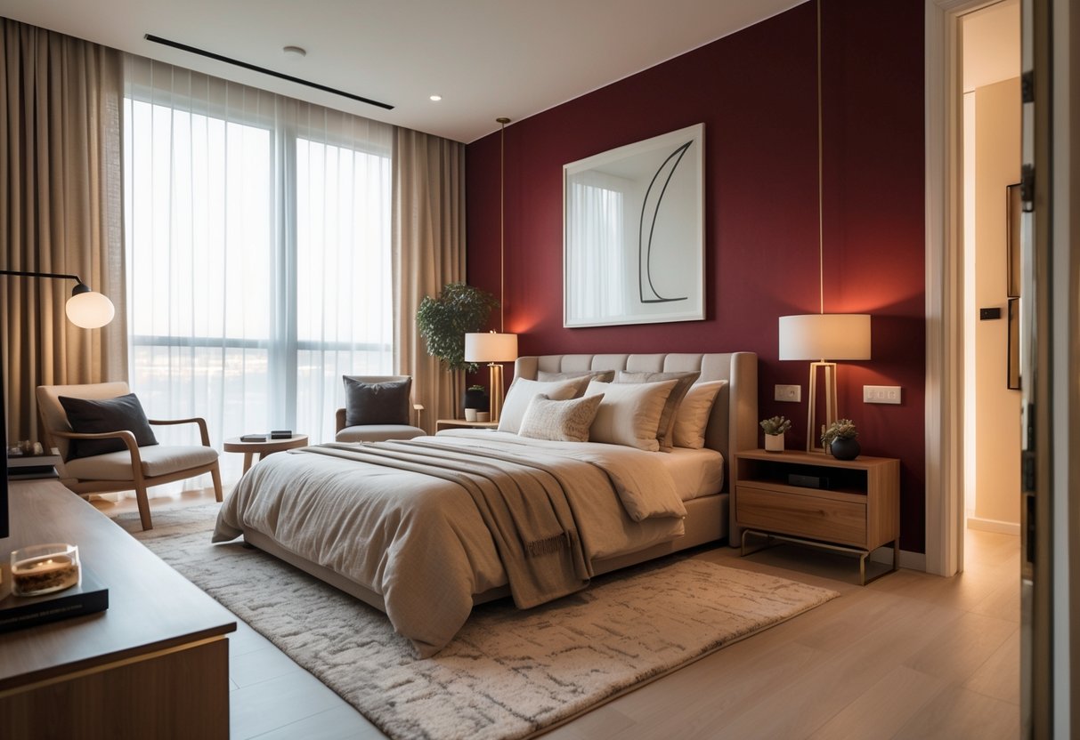 A bedroom with a rich burgundy wall, a bed, nightstands, and soft lighting.