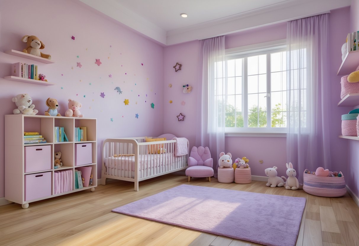 A toddler girl's bedroom with a crib, plush toys, colorful wall decorations, and natural light coming through a window.