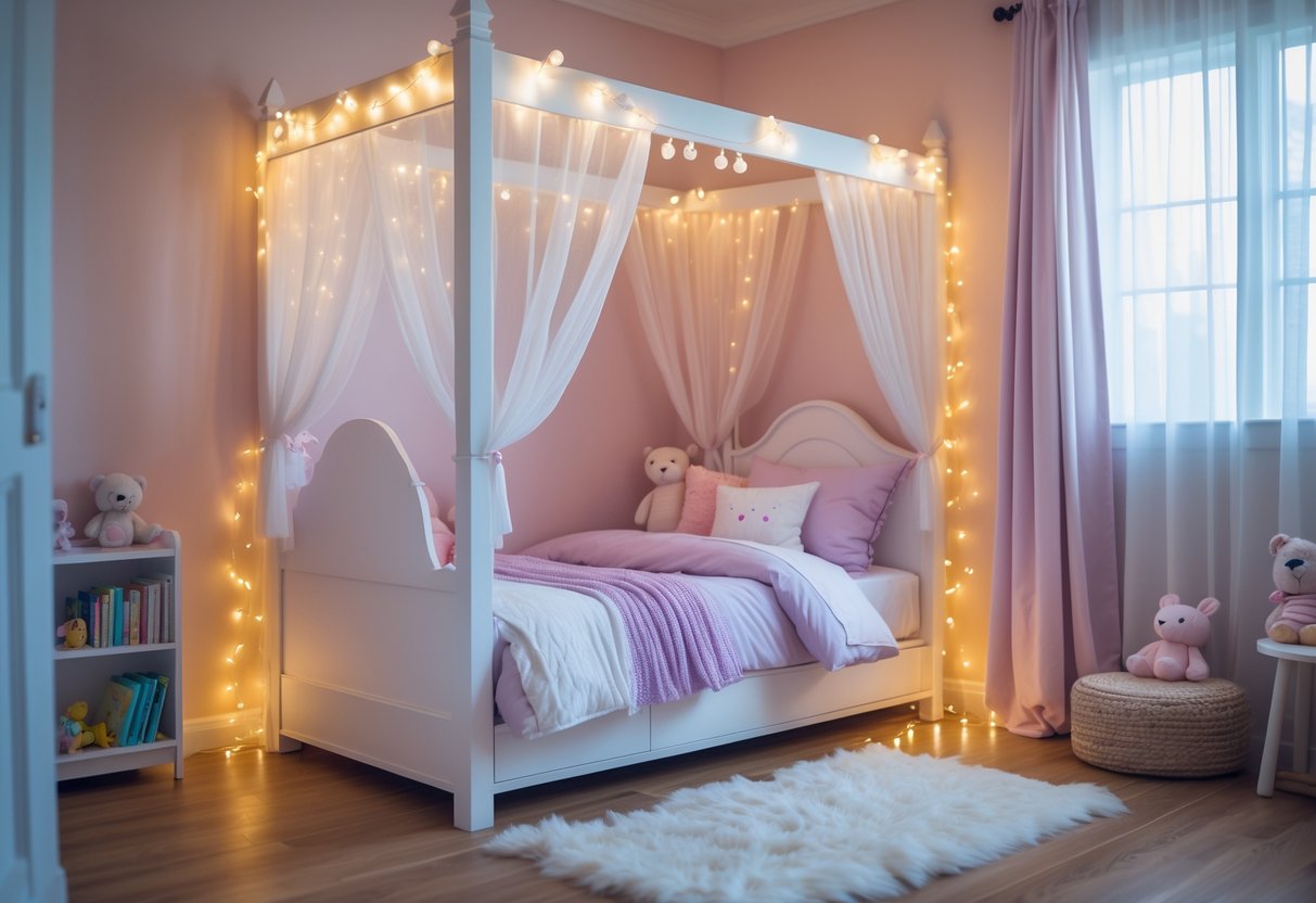 A toddler girl's bedroom with a white canopy bed decorated with fairy lights and soft pastel bedding.