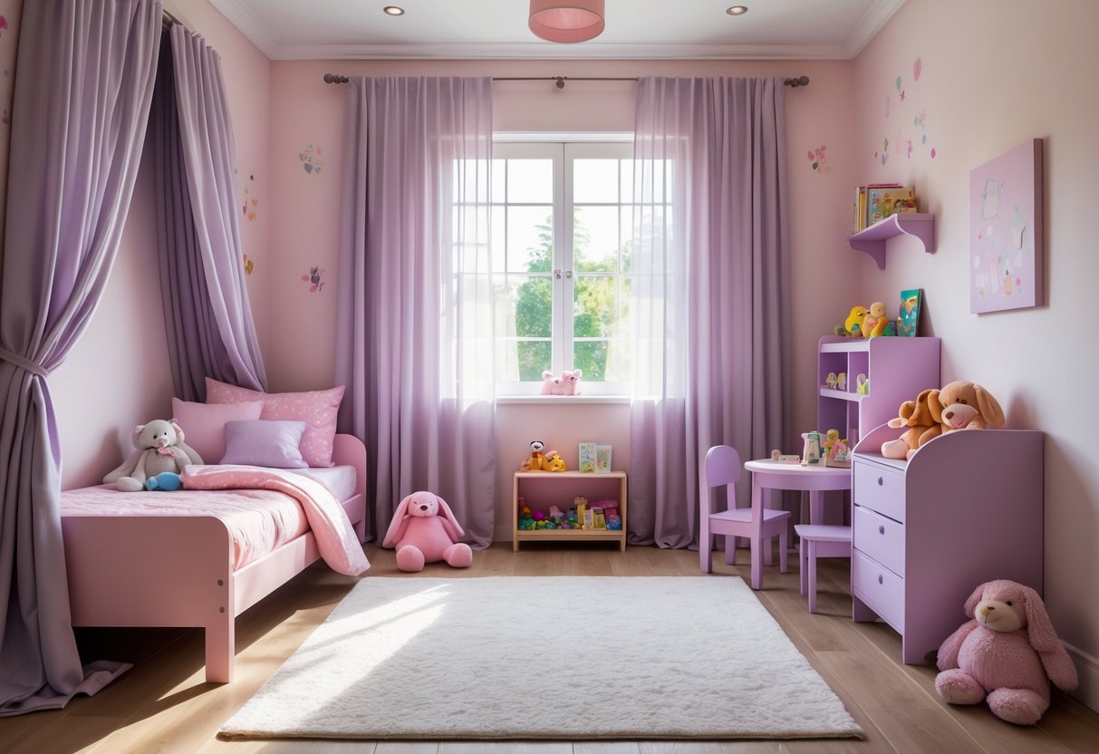 A toddler girl's bedroom with a pastel pink and lavender color scheme, featuring a bed, toys, bookshelf, and window with curtains.