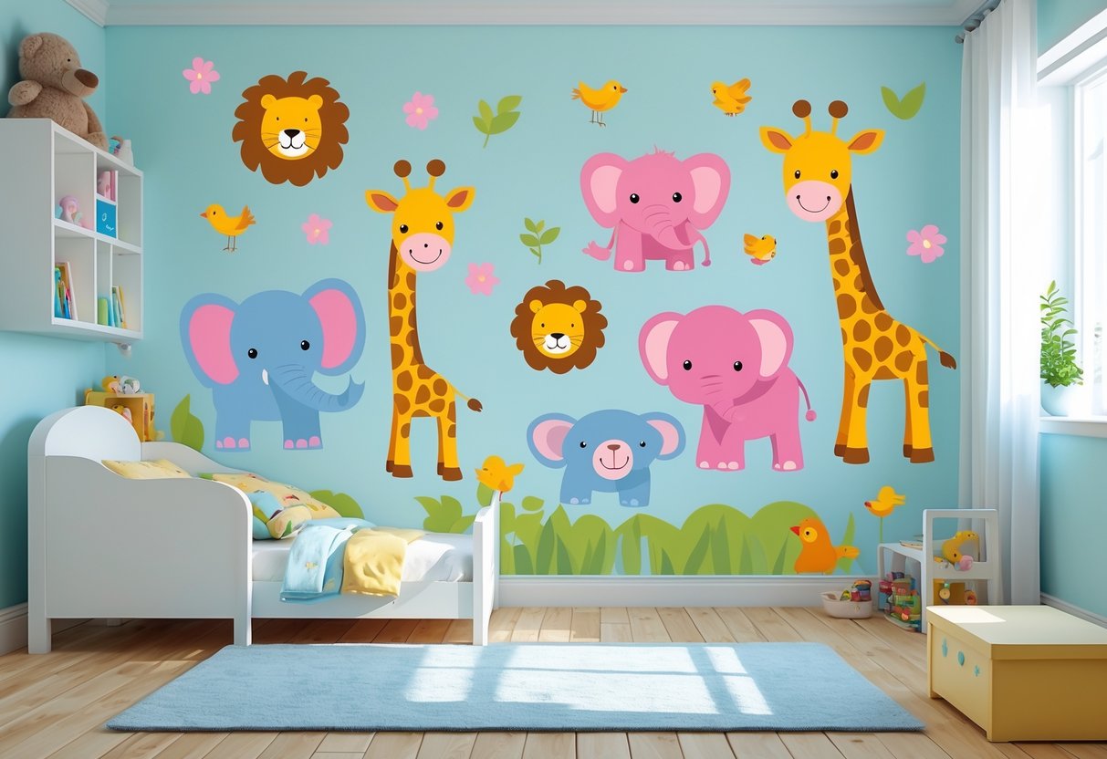 A toddler girl's bedroom with colorful animal wall decals on the walls, a small bed, and child-friendly furniture.