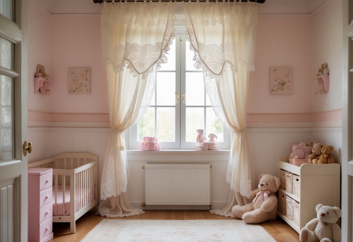 A toddler girl's bedroom with vintage lace curtains, a crib, toys, and soft natural light.