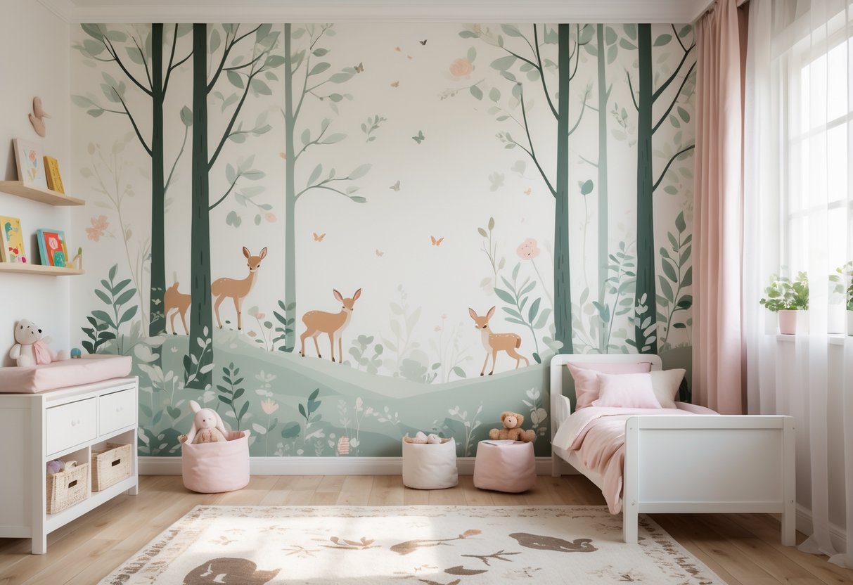 A toddler girl's bedroom with a woodland mural on the wall, a small bed, toys, and soft natural lighting.