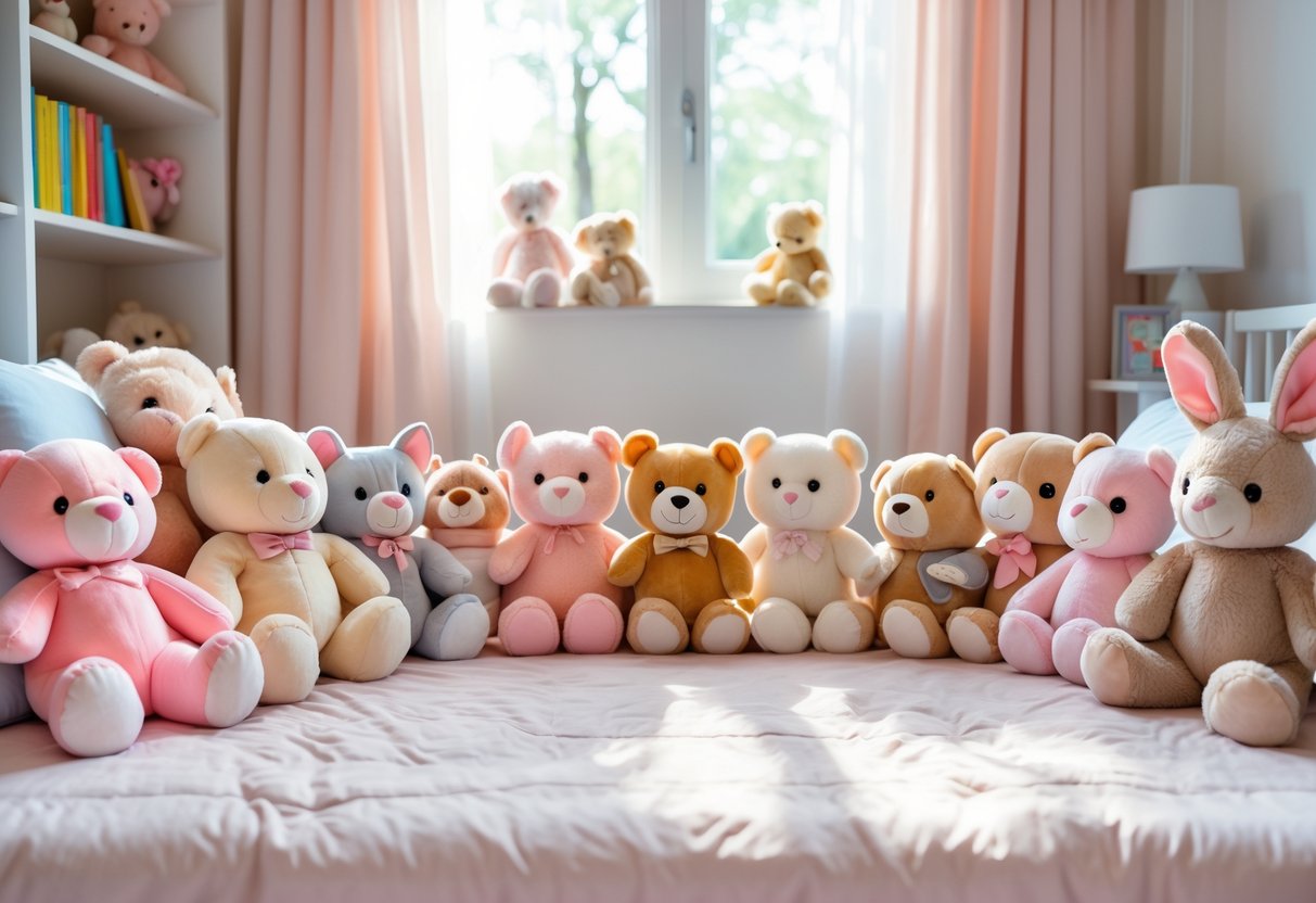 A toddler girl's bedroom with a collection of ten plush stuffed animals arranged on a bed.