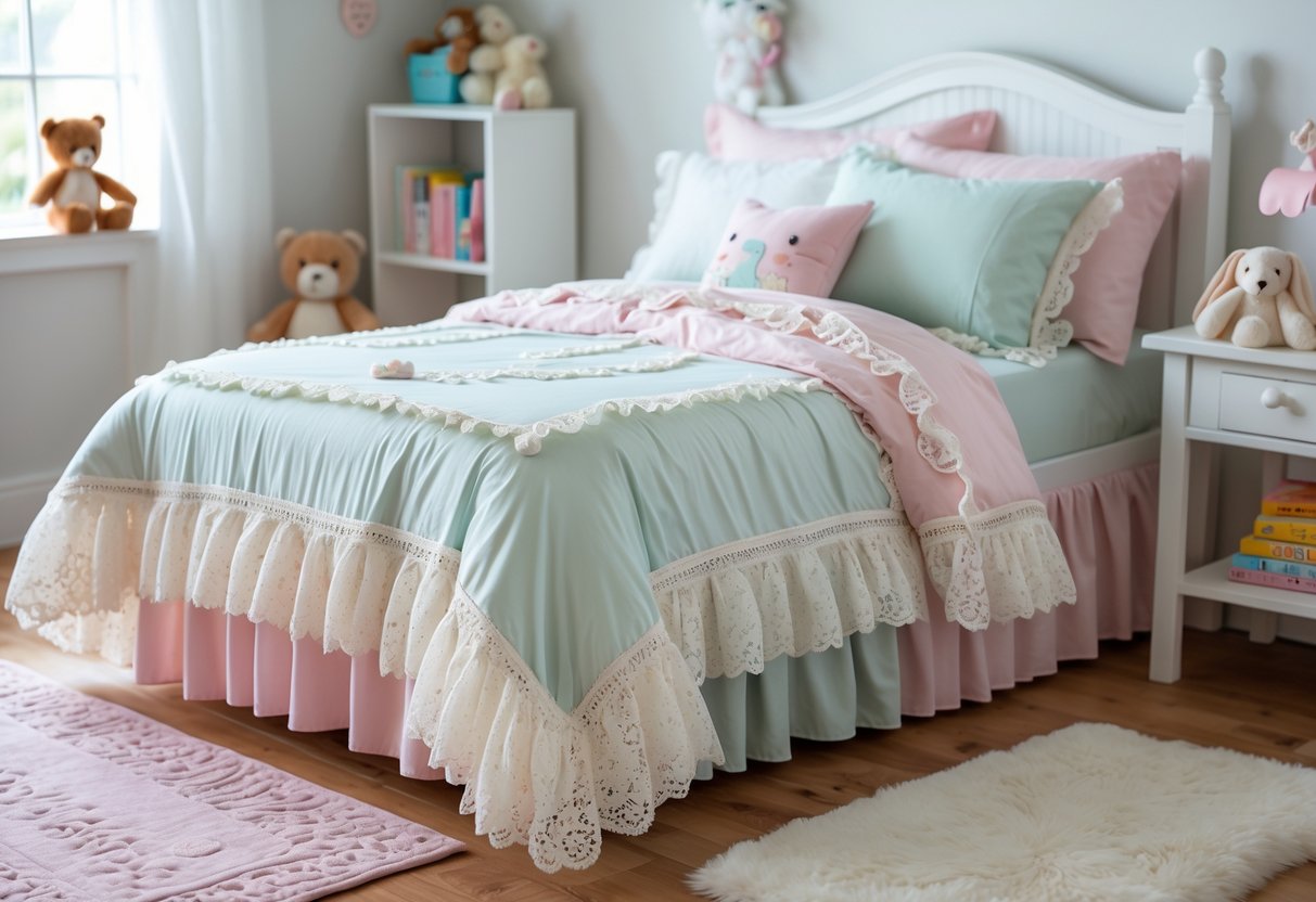 A toddler girl's bedroom with a bed made up with a frilly lace bedding set, surrounded by toys and children's books.