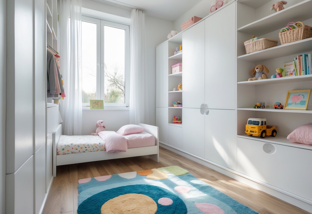 A toddler girl's bedroom with white storage units, a small bed, toys, and natural light.