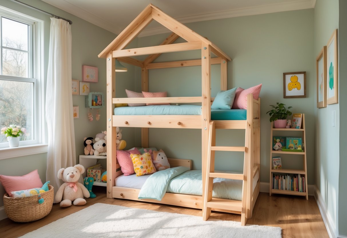 A toddler bedroom with a wooden treehouse bed frame, toys, and soft natural lighting.