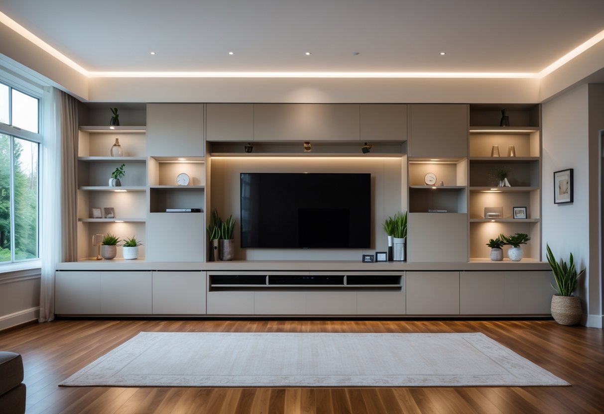 A large modern TV unit with multiple shelves and cabinets in a spacious living room.