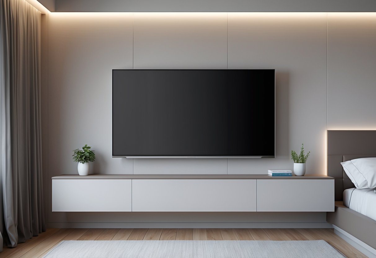 A bedroom with a wall-mounted floating TV unit that has hidden storage beneath a large flat-screen television.