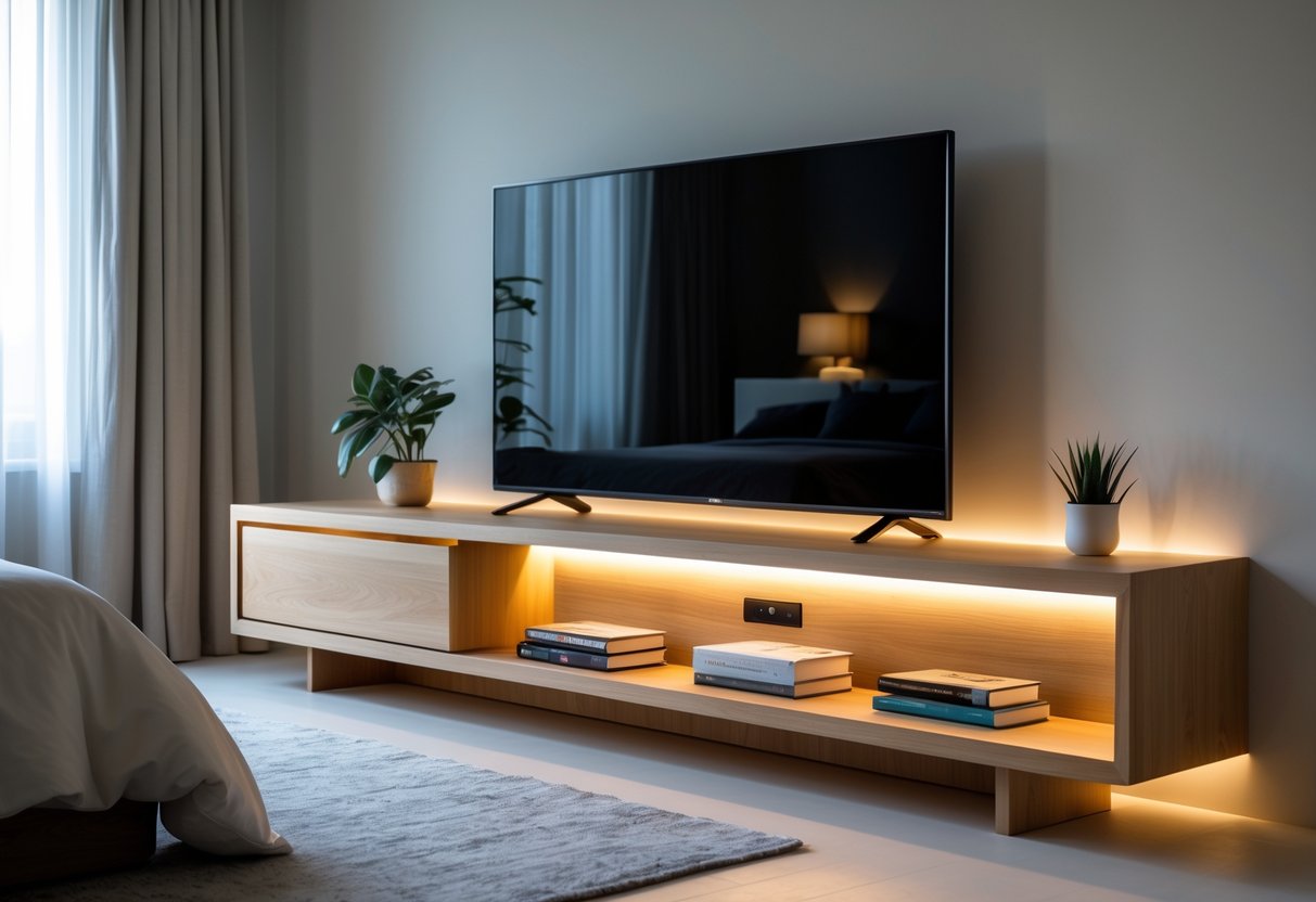 A wooden media console with ambient lighting in a bedroom, featuring a TV unit and decorative items.