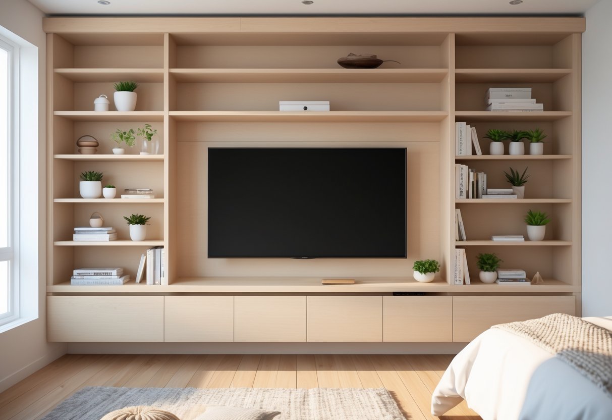 Built-in TV cabinet with integrated shelves in a bedroom, featuring a mounted television surrounded by wooden shelving with decorative items.