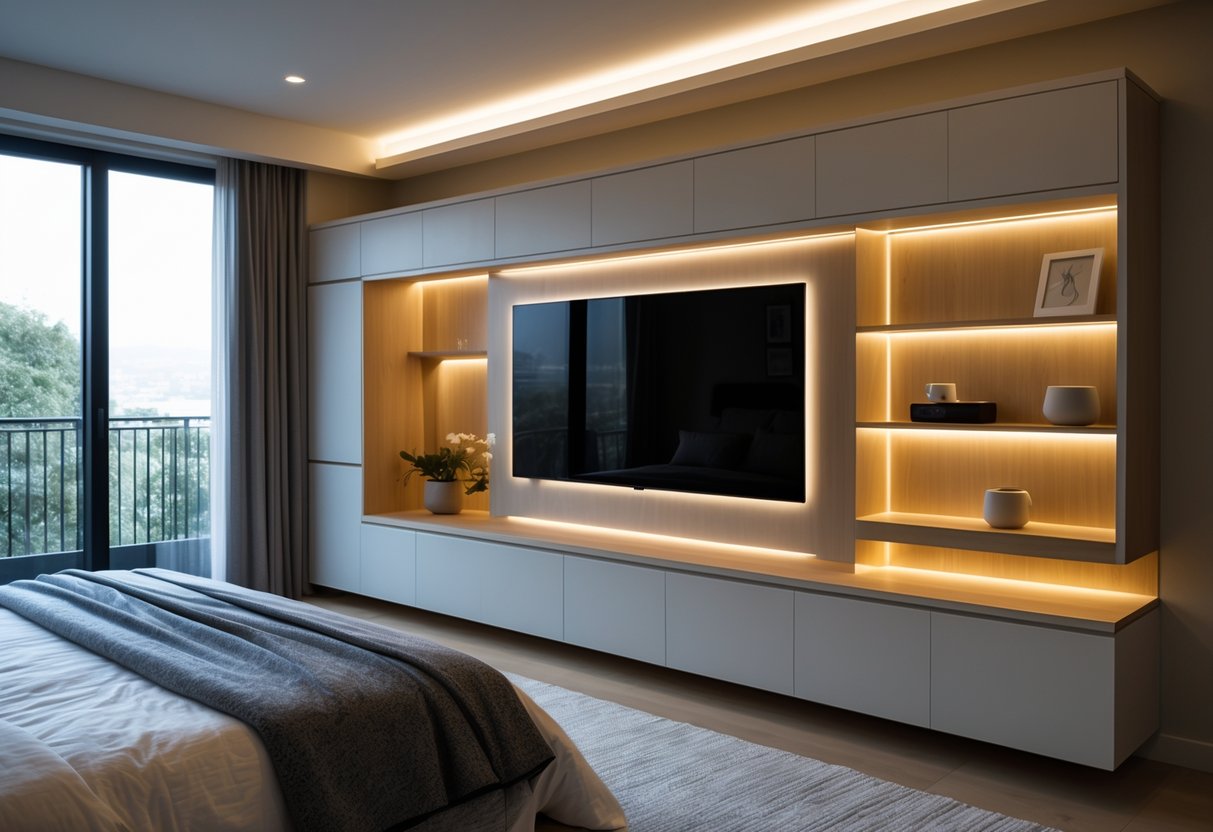 A bedroom with a large TV panel featuring built-in LED backlighting integrated into a wooden TV unit with storage shelves and compartments.