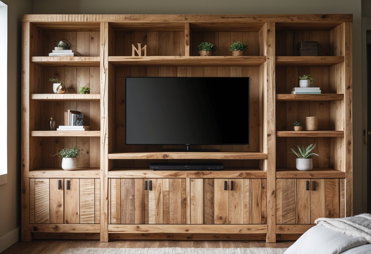 A wooden cabinet with open shelves holding a TV and decorative items in a bedroom.