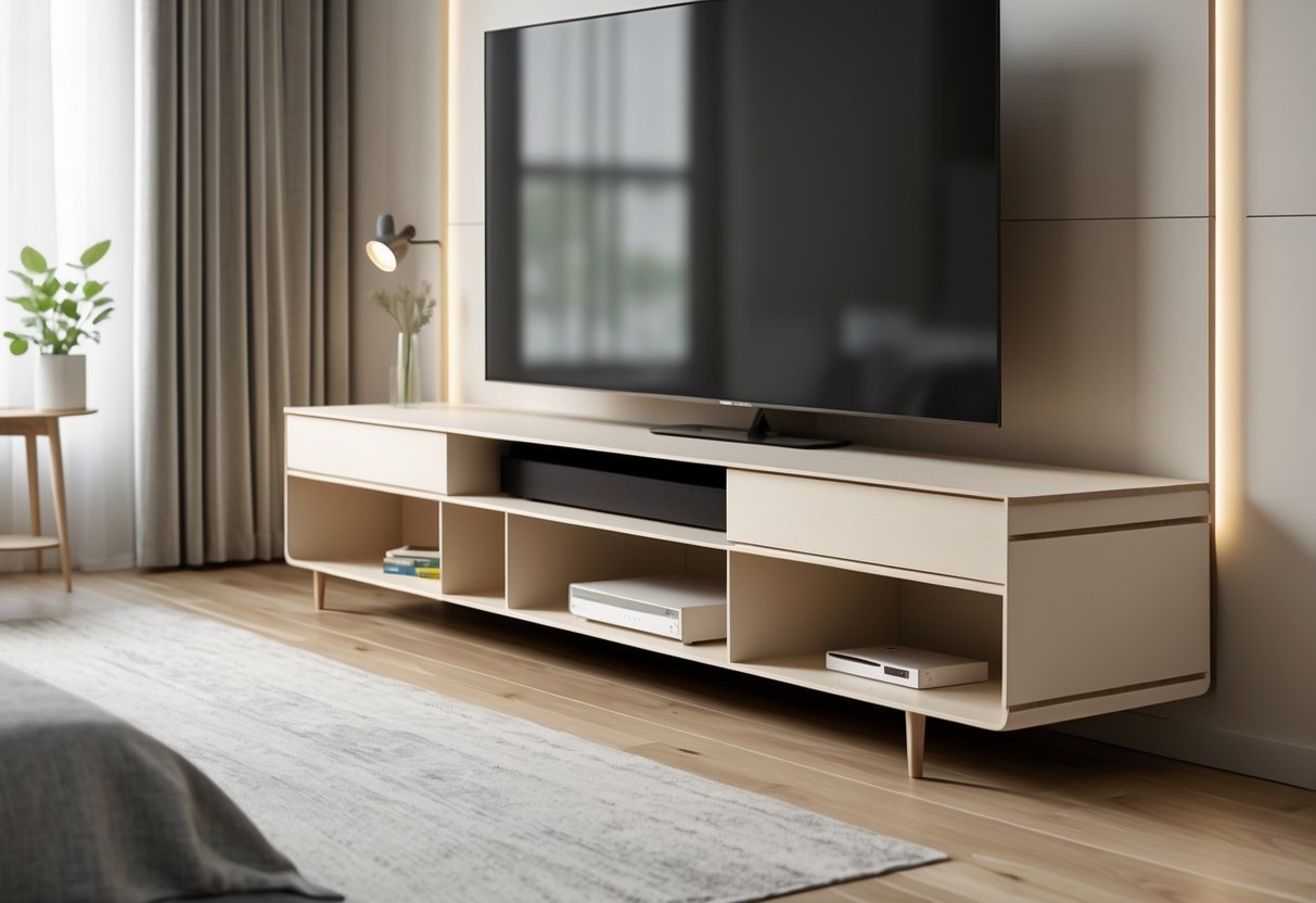 A modern low-profile TV stand in a bedroom with a large flat-screen TV and organized shelves, showing a neat and tidy setup.