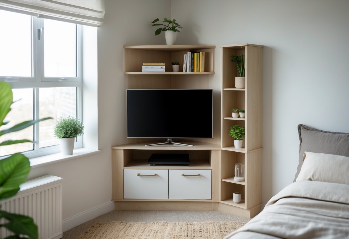 Small bedroom with a corner TV unit holding a flat-screen television, shelves with books and plants, and a bed nearby.