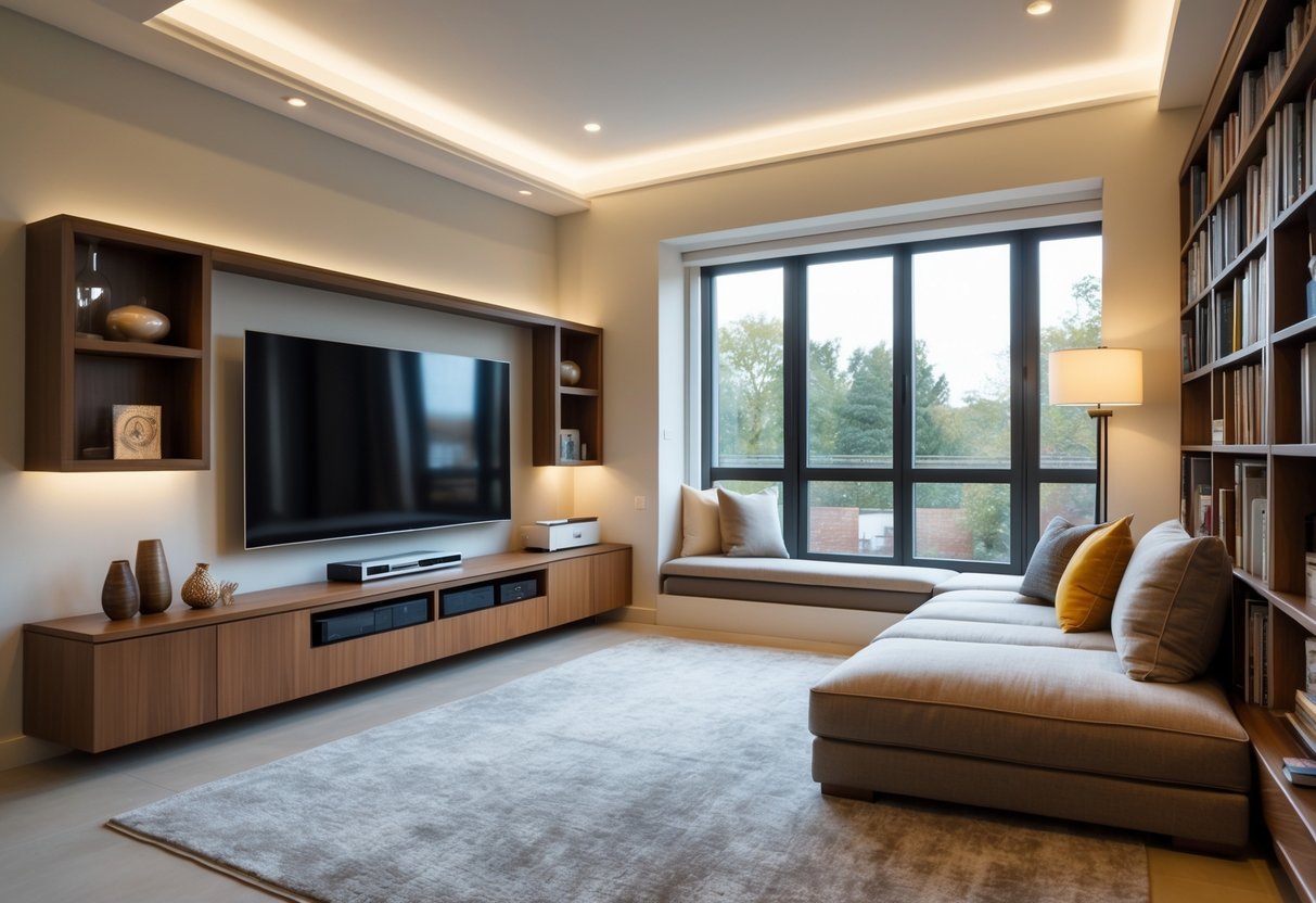 A spacious living room with a large TV console next to a cozy reading nook featuring a cushioned seat and bookshelves.