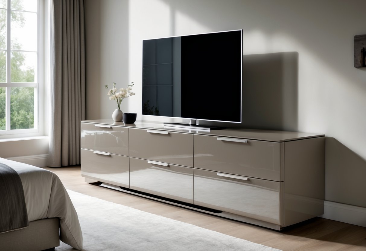 A bedroom with a glossy lacquered TV unit with drawers holding a flat-screen TV.