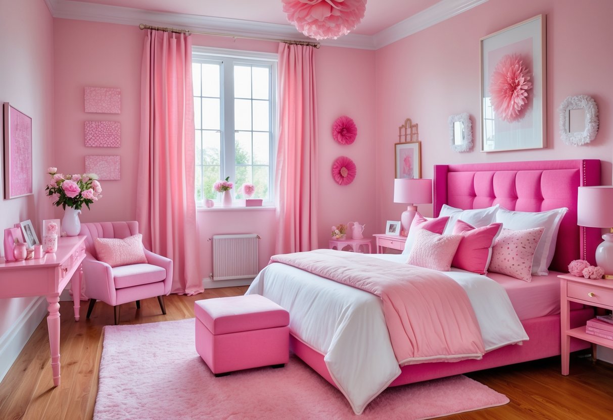 A bedroom with pink walls, a bed with pink bedding and pillows, pink curtains, a pink rug, and various pink decorative items arranged throughout the room.