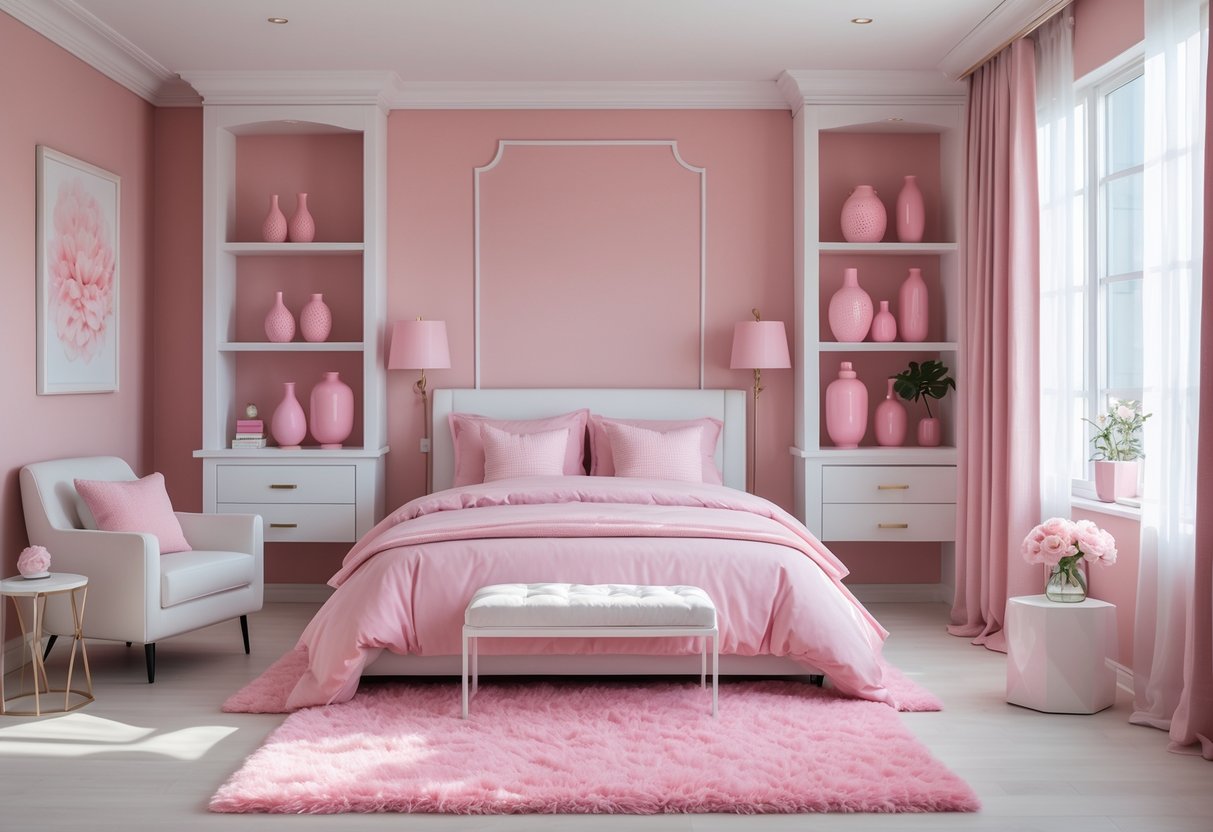A bedroom with a blush pink accent wall, white trim, pink bedding, and various pink decorative items arranged neatly around the room.