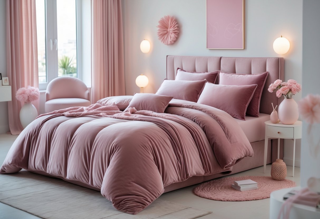A neatly made bed with dusty rose pink velvet bedding in a bright bedroom decorated with pink accents and soft natural light.