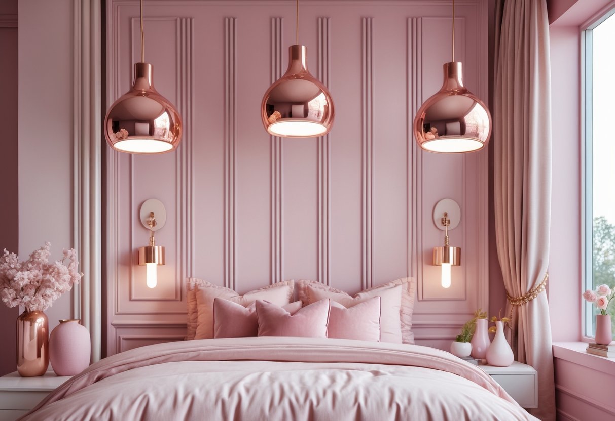 A bedroom with pink walls and bedding, illuminated by rose gold pendant lights hanging from the ceiling.