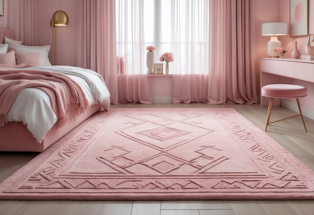A bedroom with a blush pink geometric patterned area rug on the floor, a bed with pillows and a throw blanket, nightstands with lamps, and natural light coming through windows.