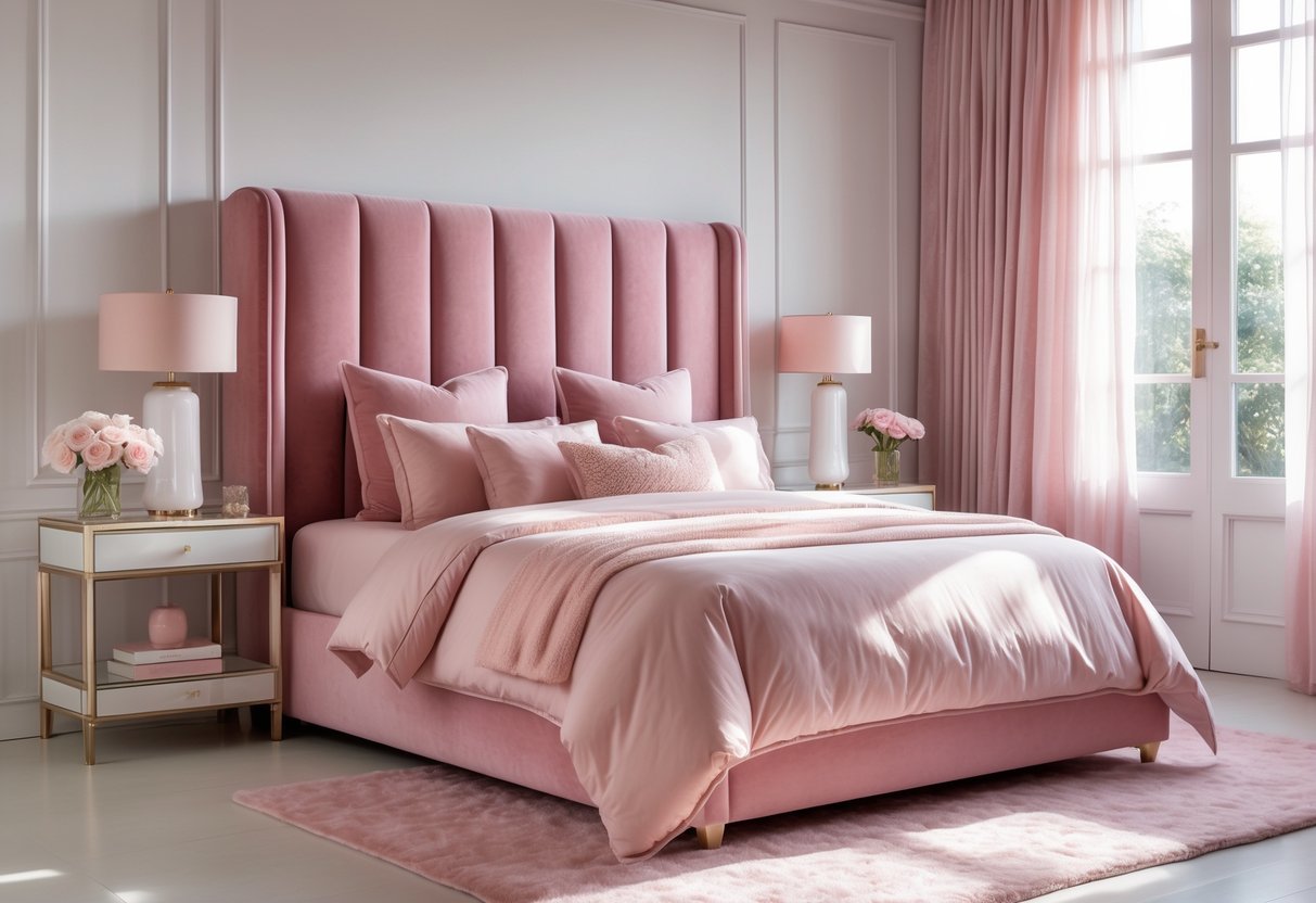 A bedroom with a large pink velvet headboard, a neatly made bed with pink and cream bedding, pink decor accents, and natural light coming through a window.