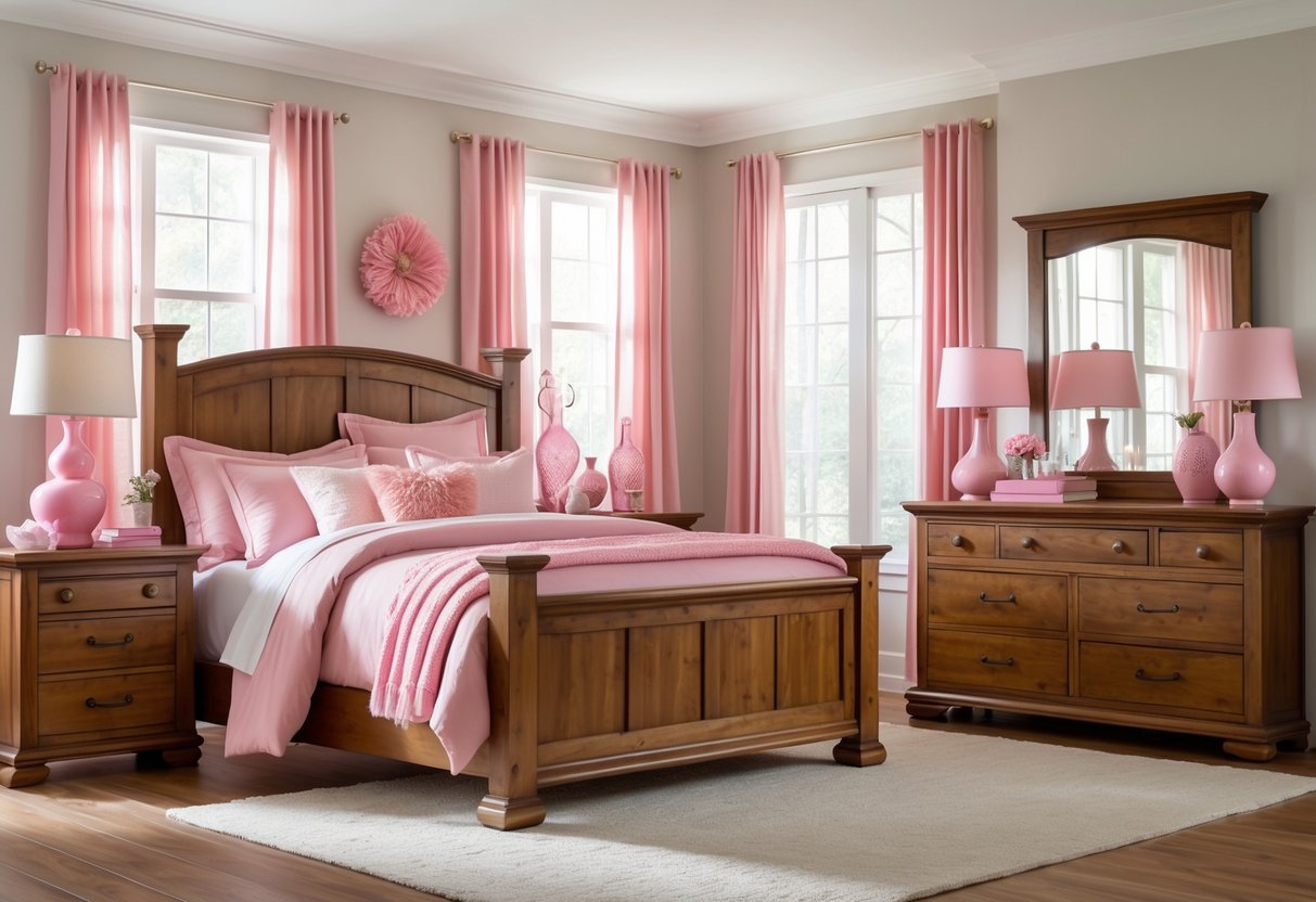 A bedroom with warm wood furniture and pink decorative accessories including pillows, blankets, curtains, and vases.