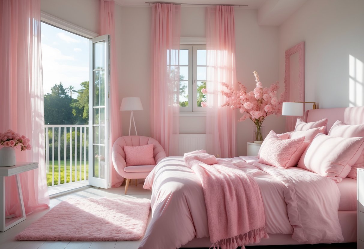 A bedroom with soft pink sheer curtains, a pink bedspread, pink pillows, and pink floral decorations by a sunny window.