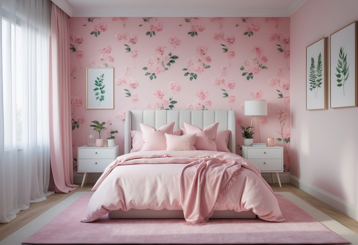 A bedroom with a floral pink wallpaper feature wall, a bed with pink bedding, a bedside table with a plant and lamp, and natural light coming through sheer curtains.