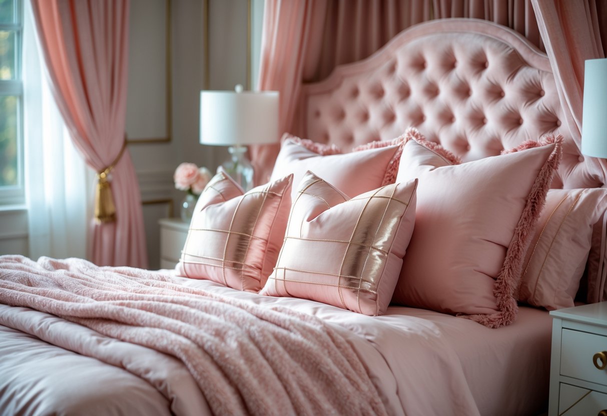 A bedroom with blush-colored throw pillows with metallic accents arranged on a bed with pink bedding and soft natural light.