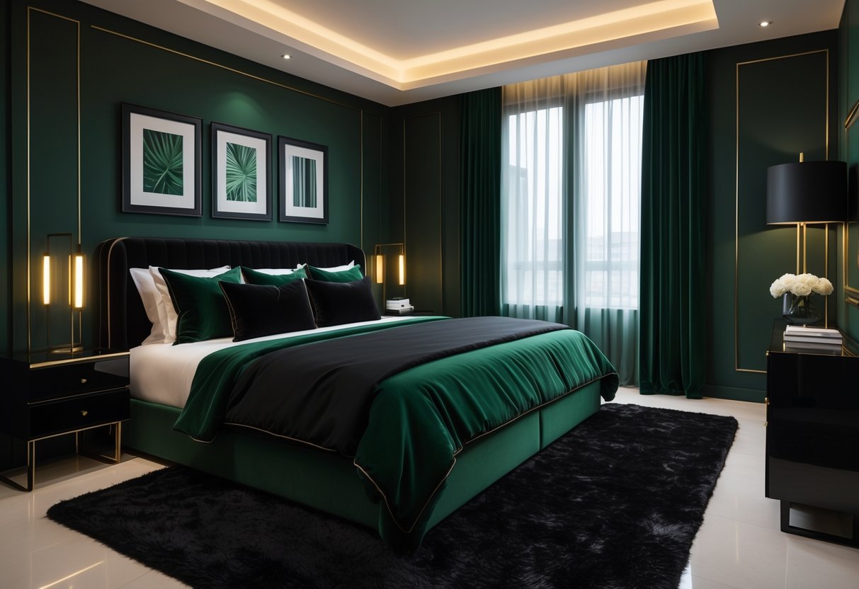 A bedroom with a large bed, dark green bedding, black pillows, black bedside tables with lamps, dark green walls, black framed artwork, and a window with dark green curtains.