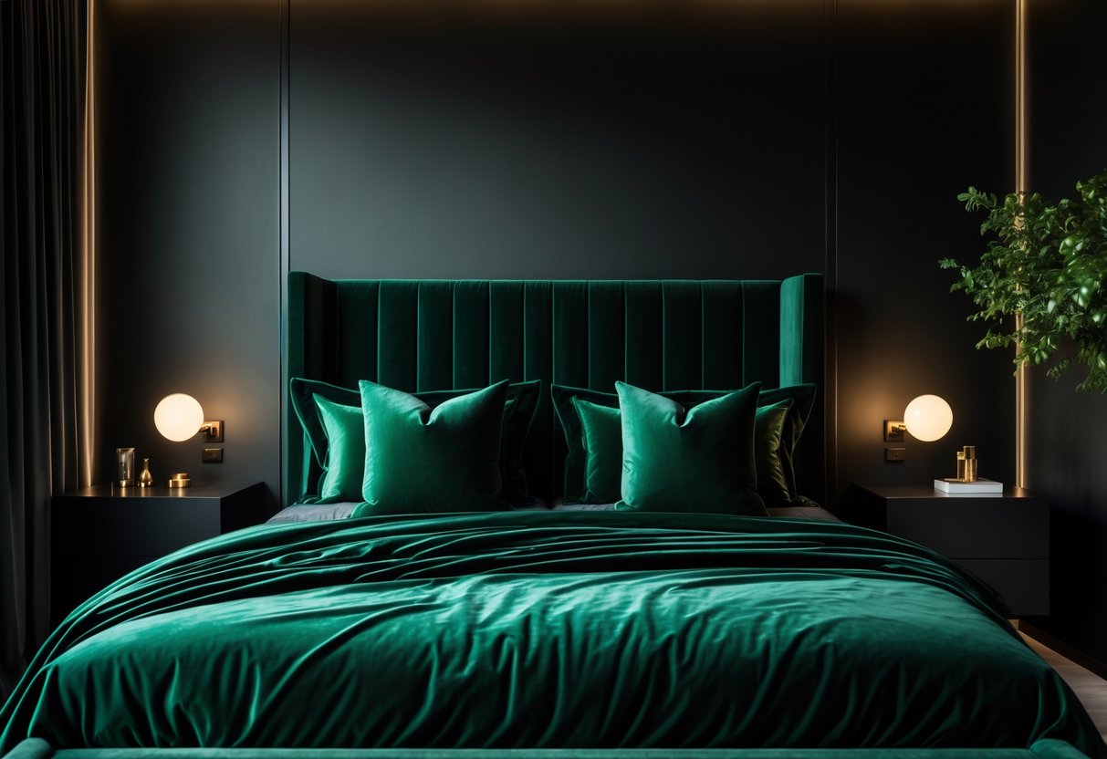 A bedroom with black walls and dark green velvet bedding on a large bed, featuring soft lighting and minimalistic furniture.