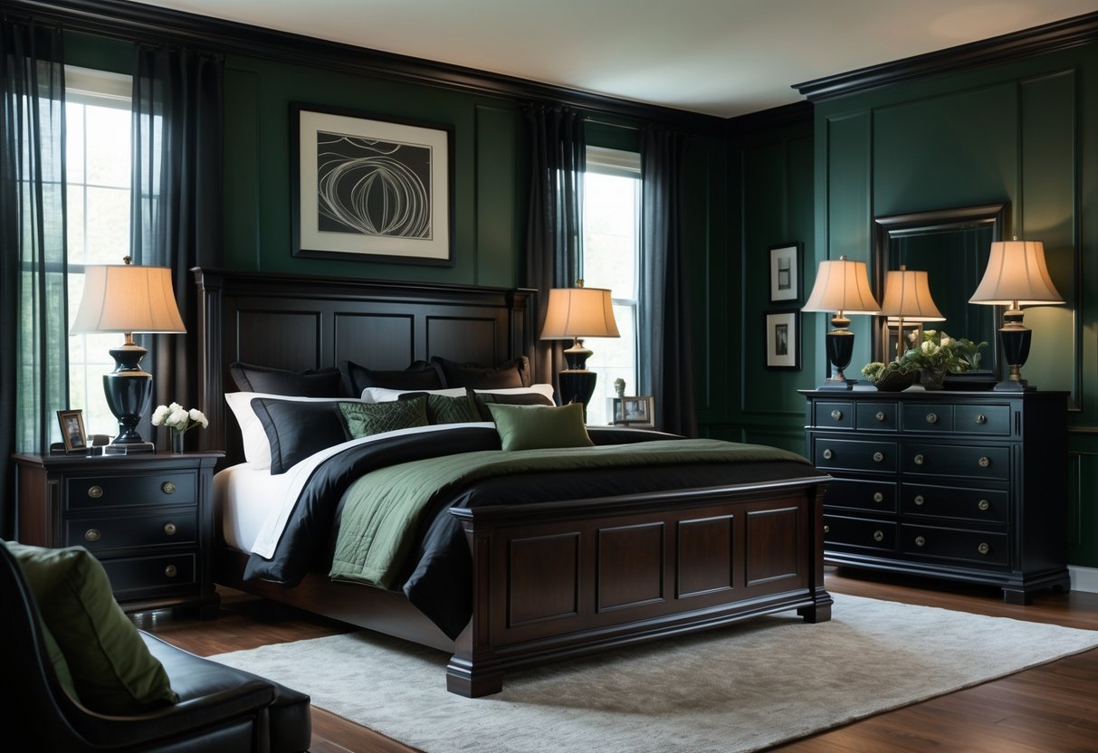 A bedroom with dark wood furniture, black and dark green bedding, and matching decor creating a warm and inviting atmosphere.