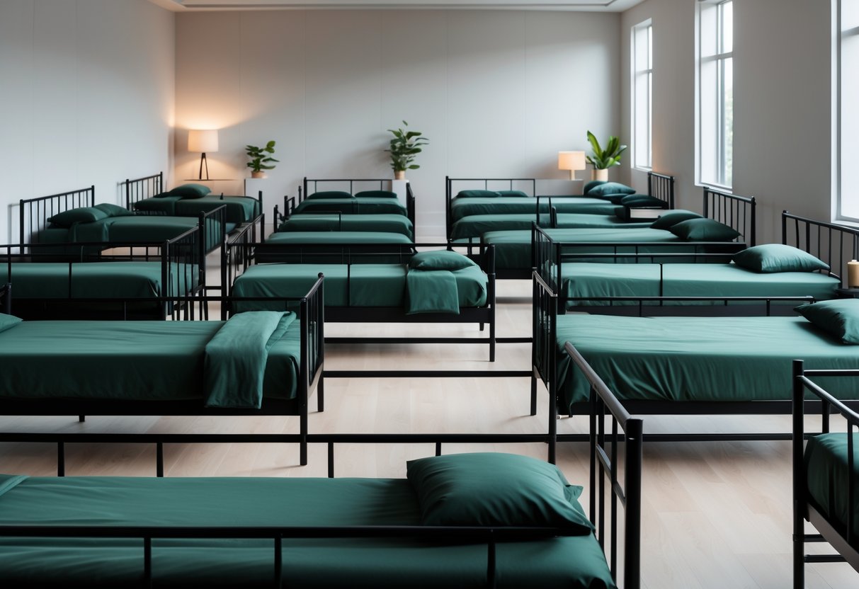 A bedroom with ten black metal beds, each made with dark green linens, arranged neatly in a spacious room with light hardwood floors and natural light.