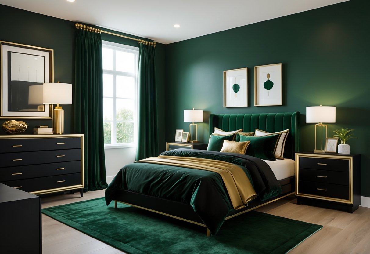 A bedroom with black and dark green furniture and bedding, featuring gold decorative accents and soft natural lighting.
