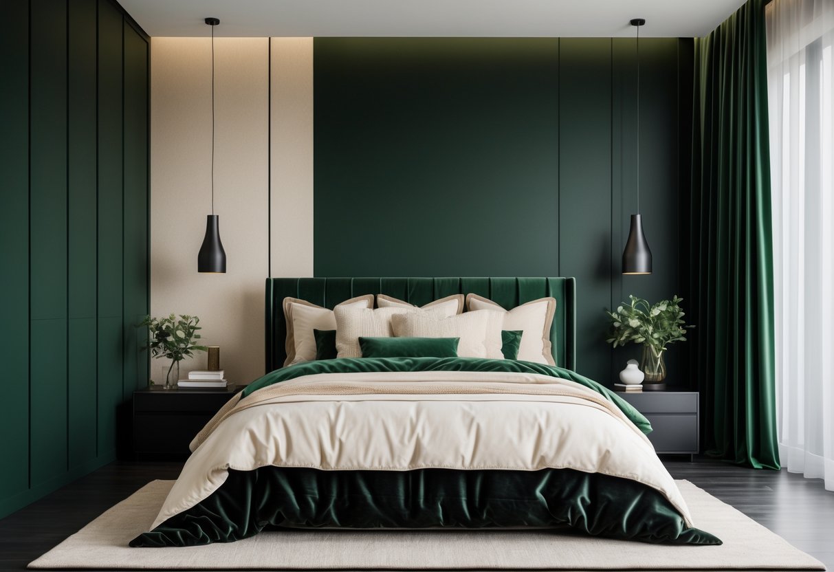 A bedroom with cream and beige bedding layered over black and dark green furniture and decor.