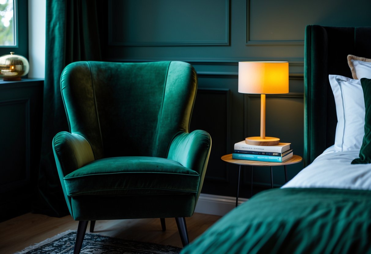 A cozy reading nook with a dark green velvet chair in a bedroom decorated with black and dark green colors.