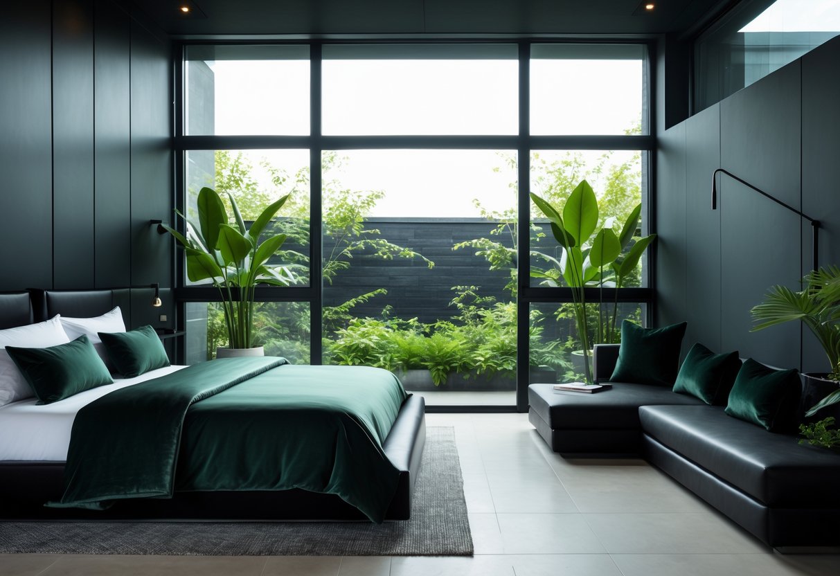 A bedroom with large windows letting in natural light, featuring black and dark green furniture and decor.