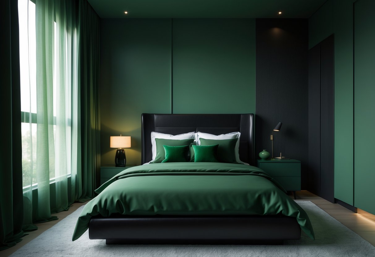 A bedroom with a black bed and dark green bedding surrounded by walls and furniture in various shades of green.