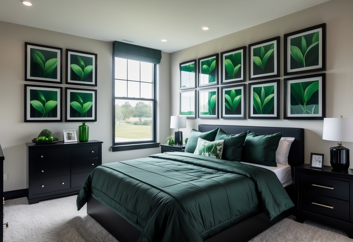 A bedroom with black picture frames displaying green artwork on the walls, dark green bedding, and black furniture.