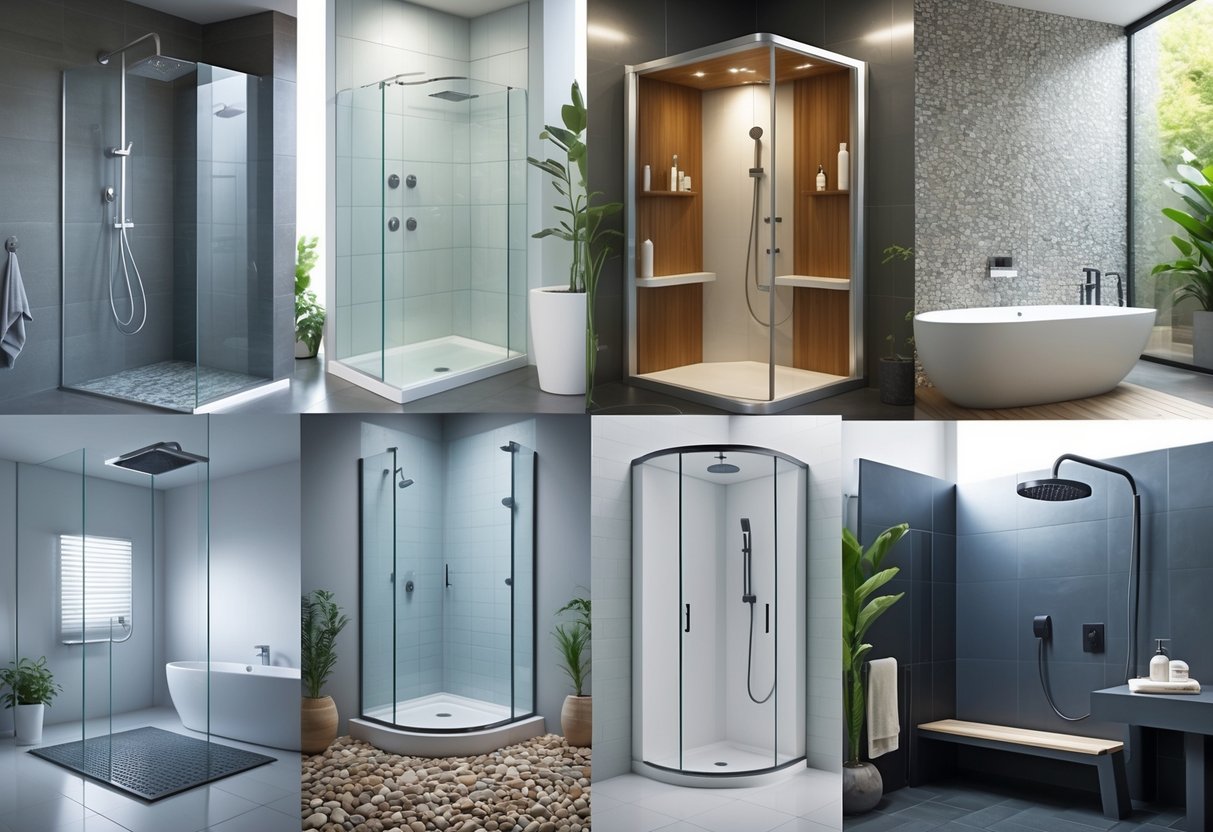 A bathroom showcasing ten different modern shower designs arranged together, featuring various styles, fixtures, and materials.