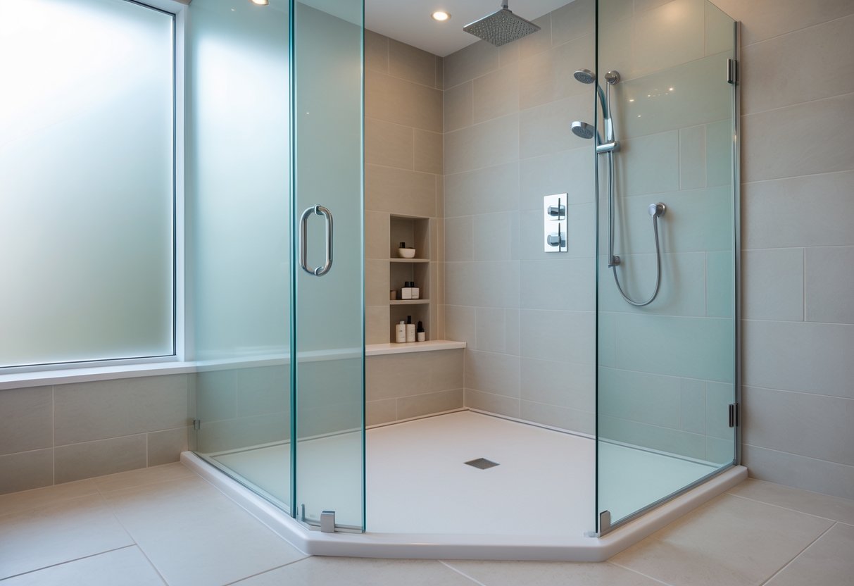 A modern bathroom with a level, curbless walk-in shower enclosed by clear glass and equipped with a rain showerhead and handheld wand.