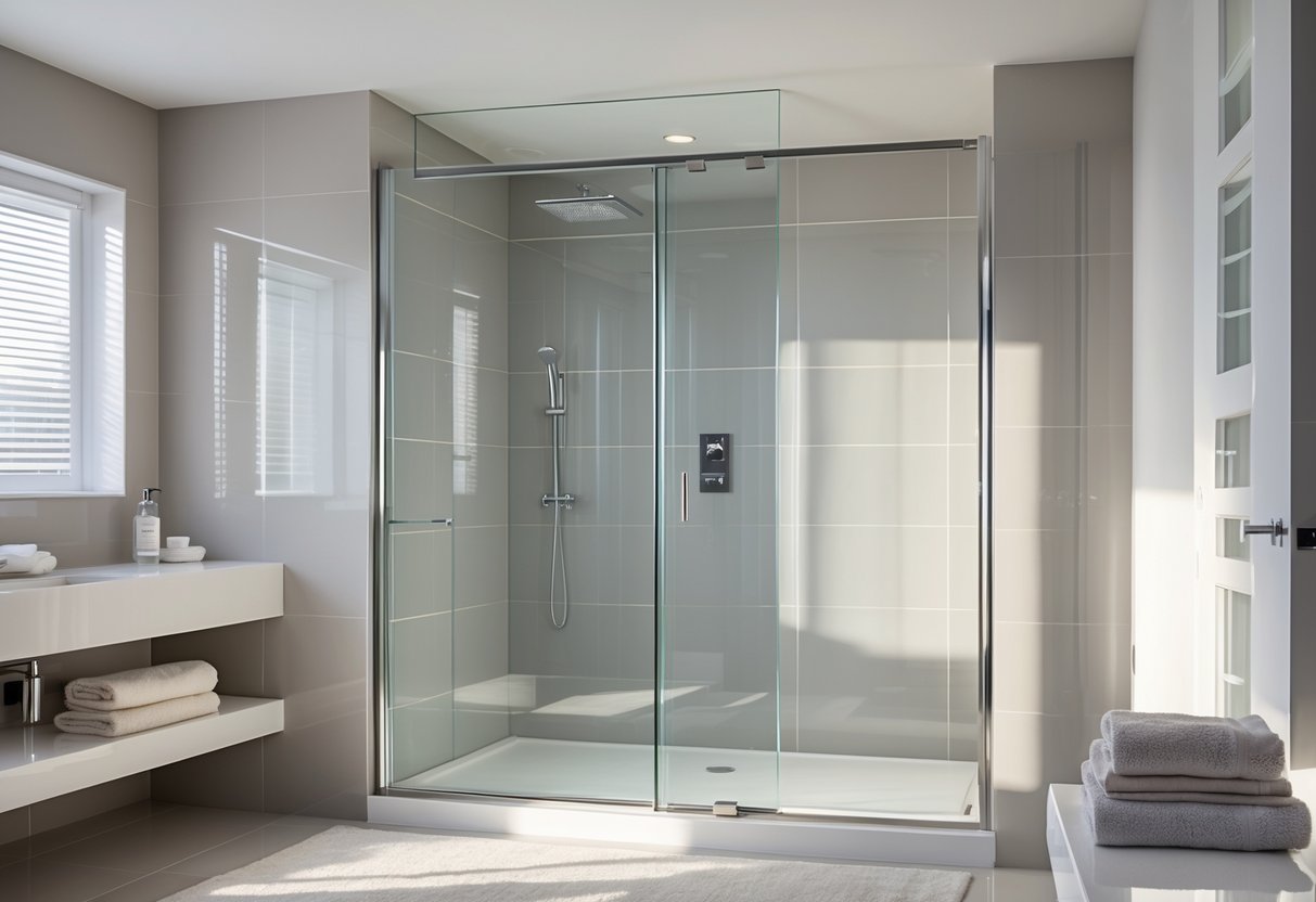 A modern bathroom with a frameless glass shower enclosure and minimalist fixtures.