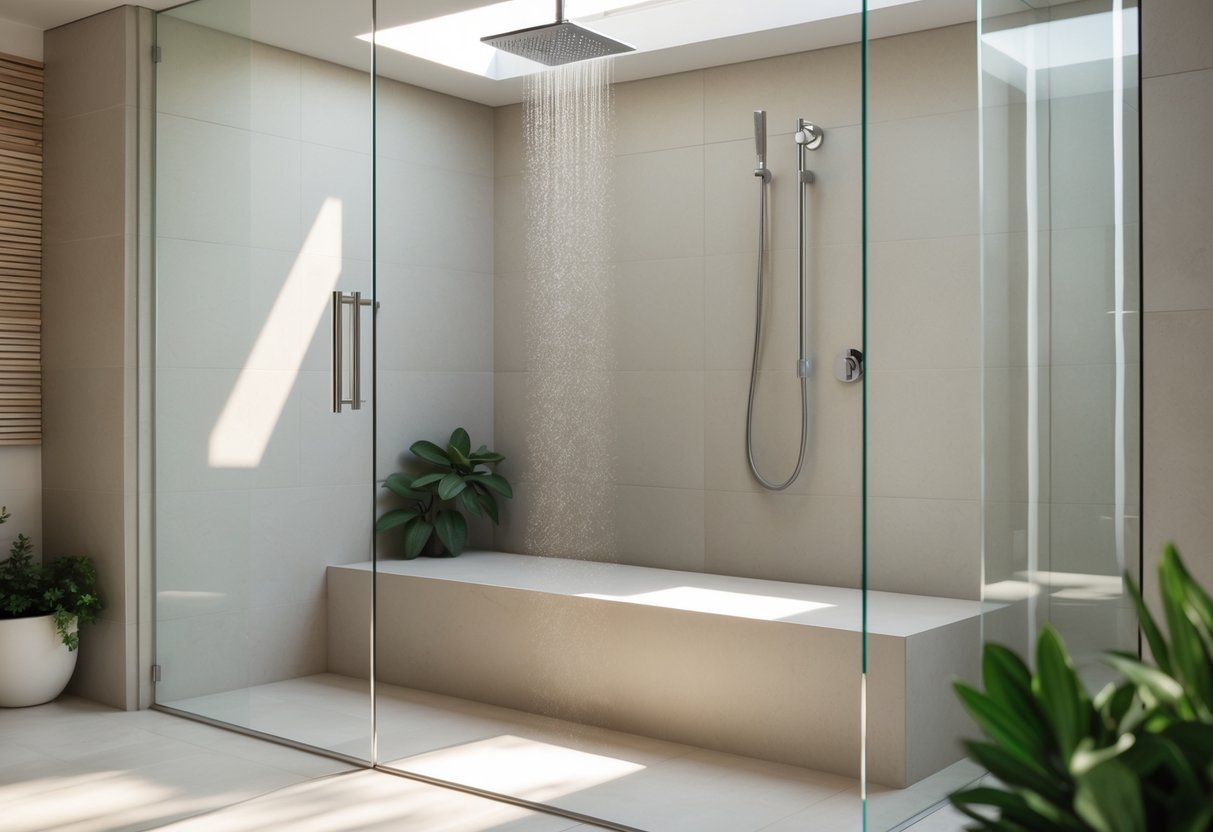 A modern shower with built-in bench seating made of stone, clear glass walls, and chrome fixtures in a bright bathroom.