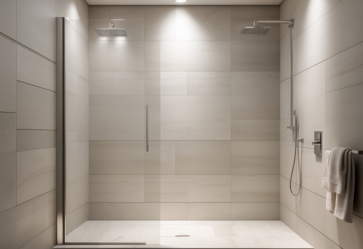 A modern bathroom shower with large porcelain tiles on the walls, a glass enclosure, and a rainfall showerhead.