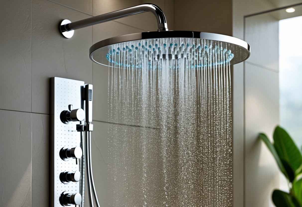 Rainfall showerhead mounted on a bathroom wall with water flowing from multiple spray nozzles.